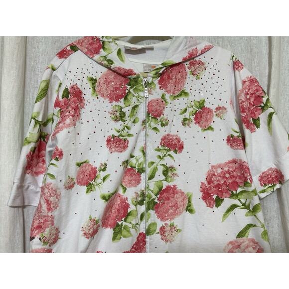 Quacker Factory Hydrangea Print Elbow Sleeve Hoodie Size XL Zip Up Rhinestone - Picture 4 of 8